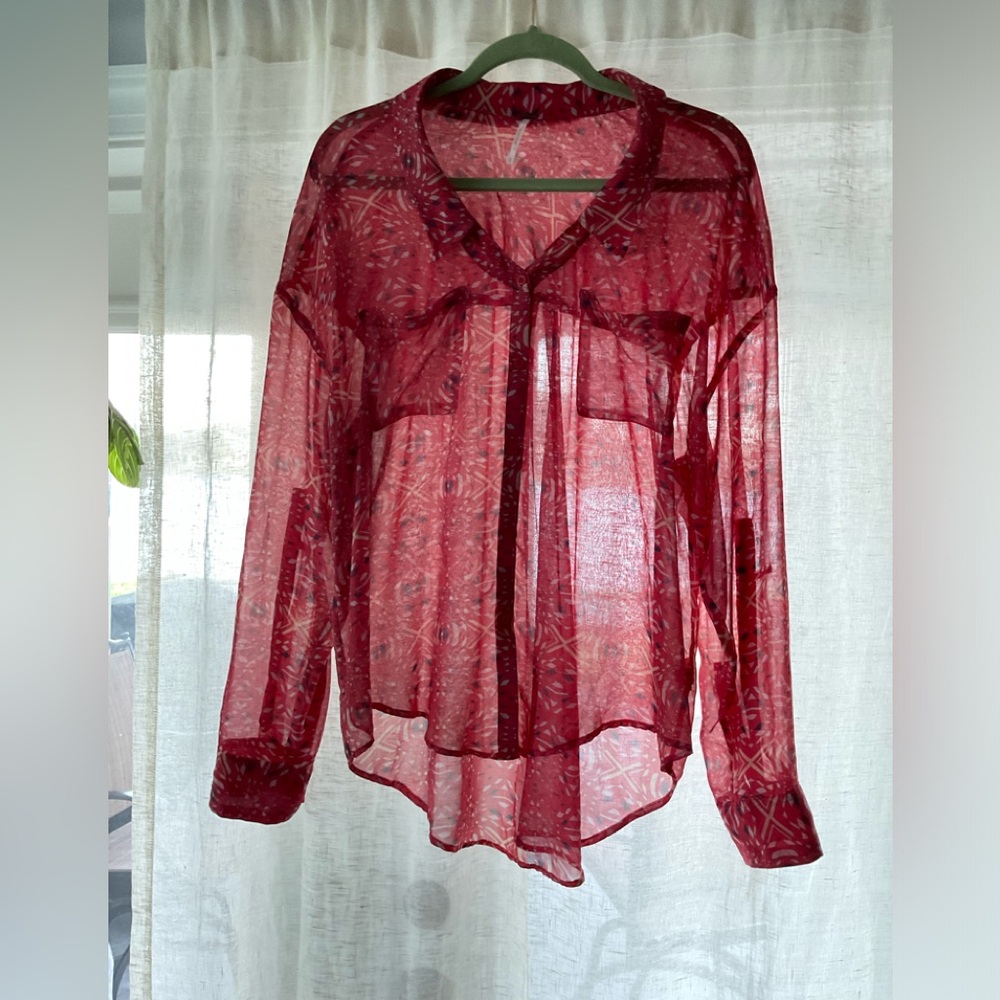 Free People Abstract Button-down Blouse, Size: L/G, Salmon Multi